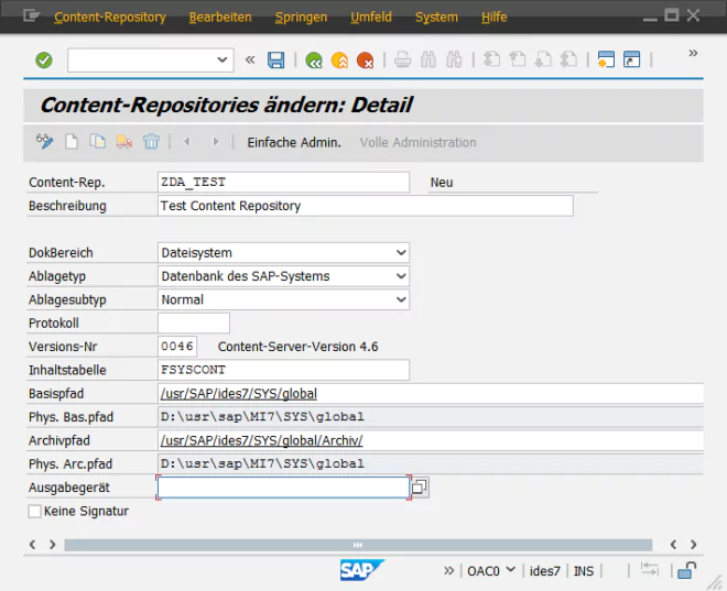 SAP Datenarchivierung - Anlegen eines Content Repositories