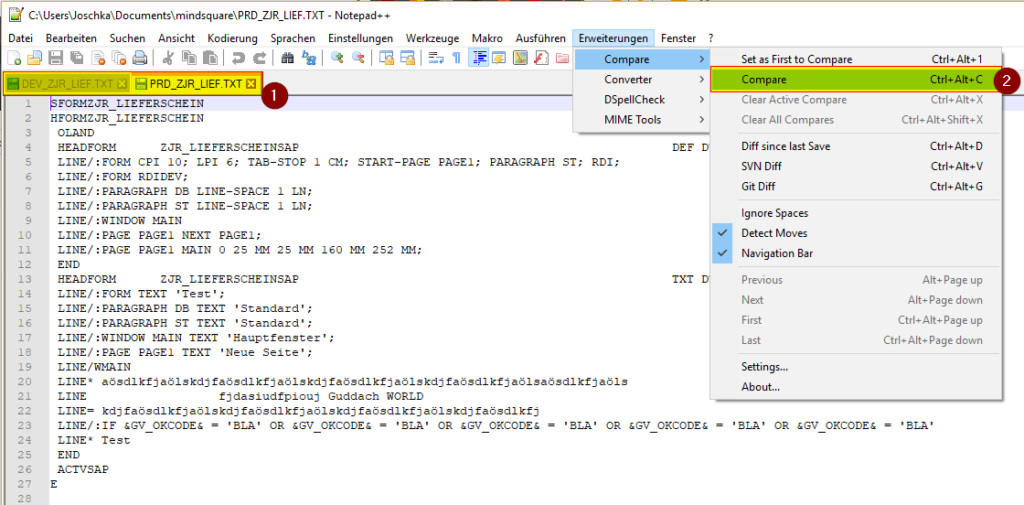 Um SAPscript Formulare vergleichen zu können, nutzen wir das Compare Plugin von Notepad++.