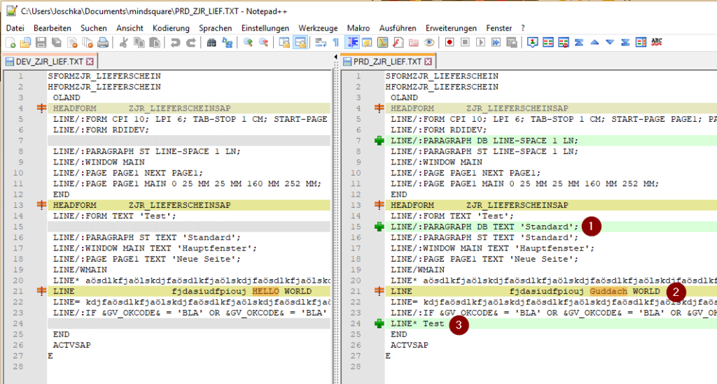 Ergebnis eines Notepad++ Comparison Plugin Vergleichs von zwei SAPscript Formularen.
