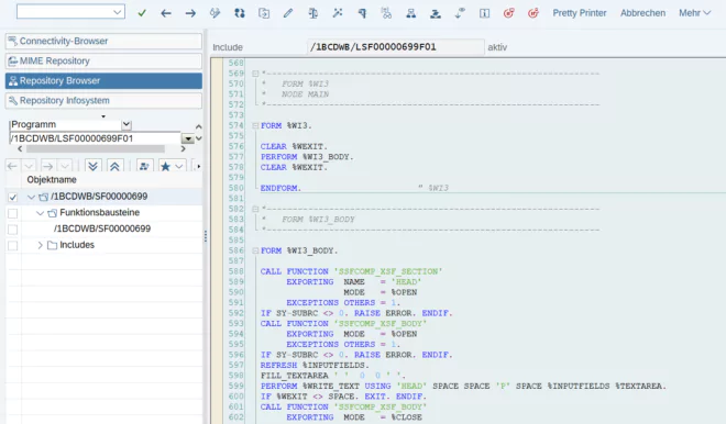 Codebeispiel eines aus einem SAP Smartform generierten Funktionsbaustein