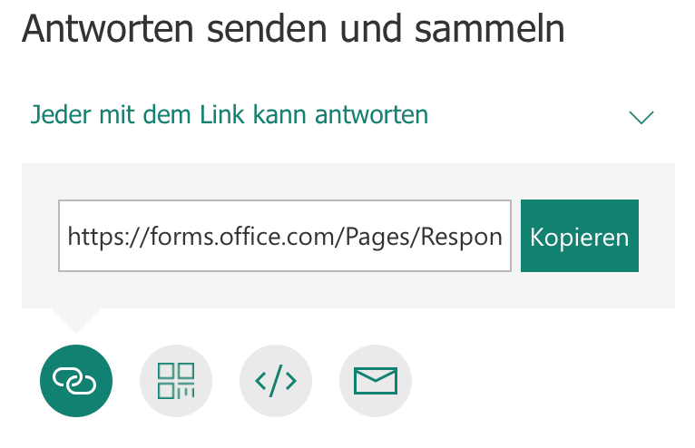 Auswahloptionen zum Teilen einer Online-Umfrage bei Microsoft Forms