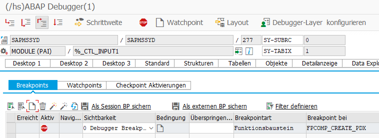 Abb. 14 - Hinzugefügter und aktiver Breakpoint im Debugger