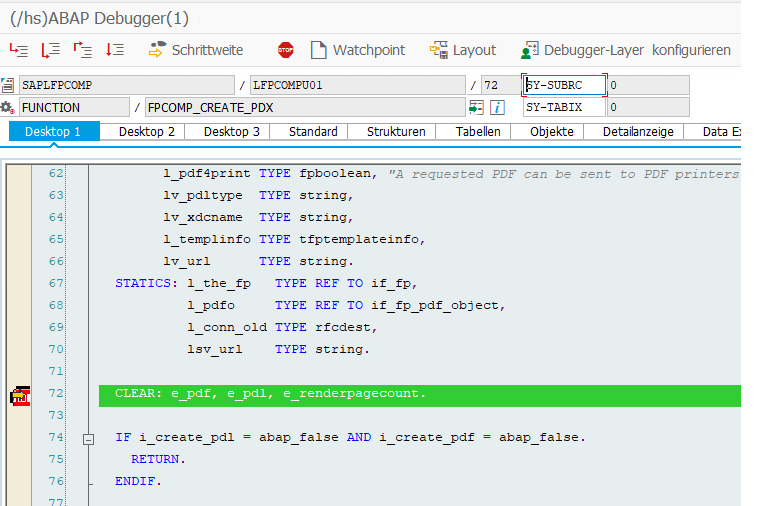 Abb. 15 - Debugger hält an erster Zeile des Funktionsbausteins an