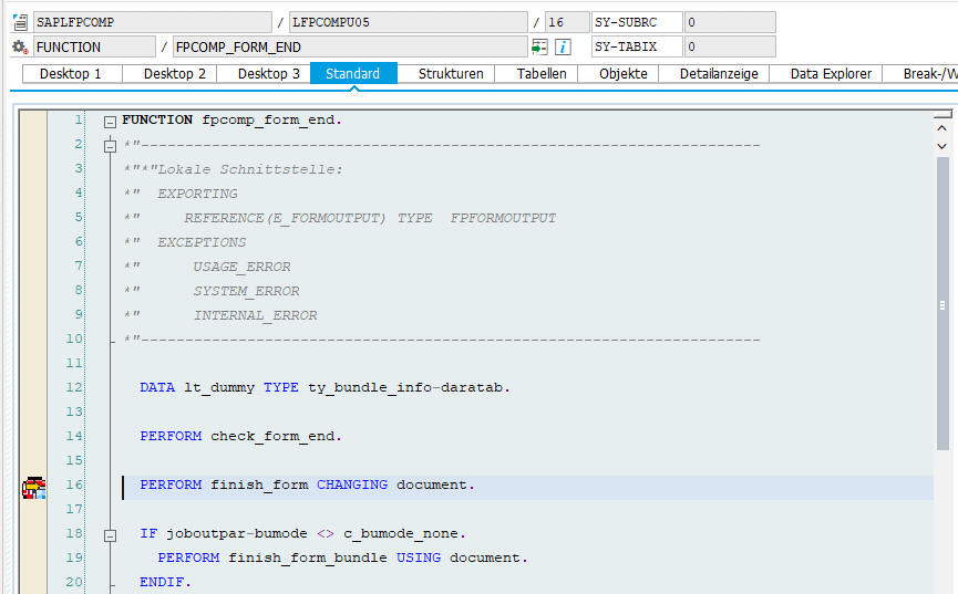 Abb. 4 - Breakpoint bei PERFORM finish_form setzen